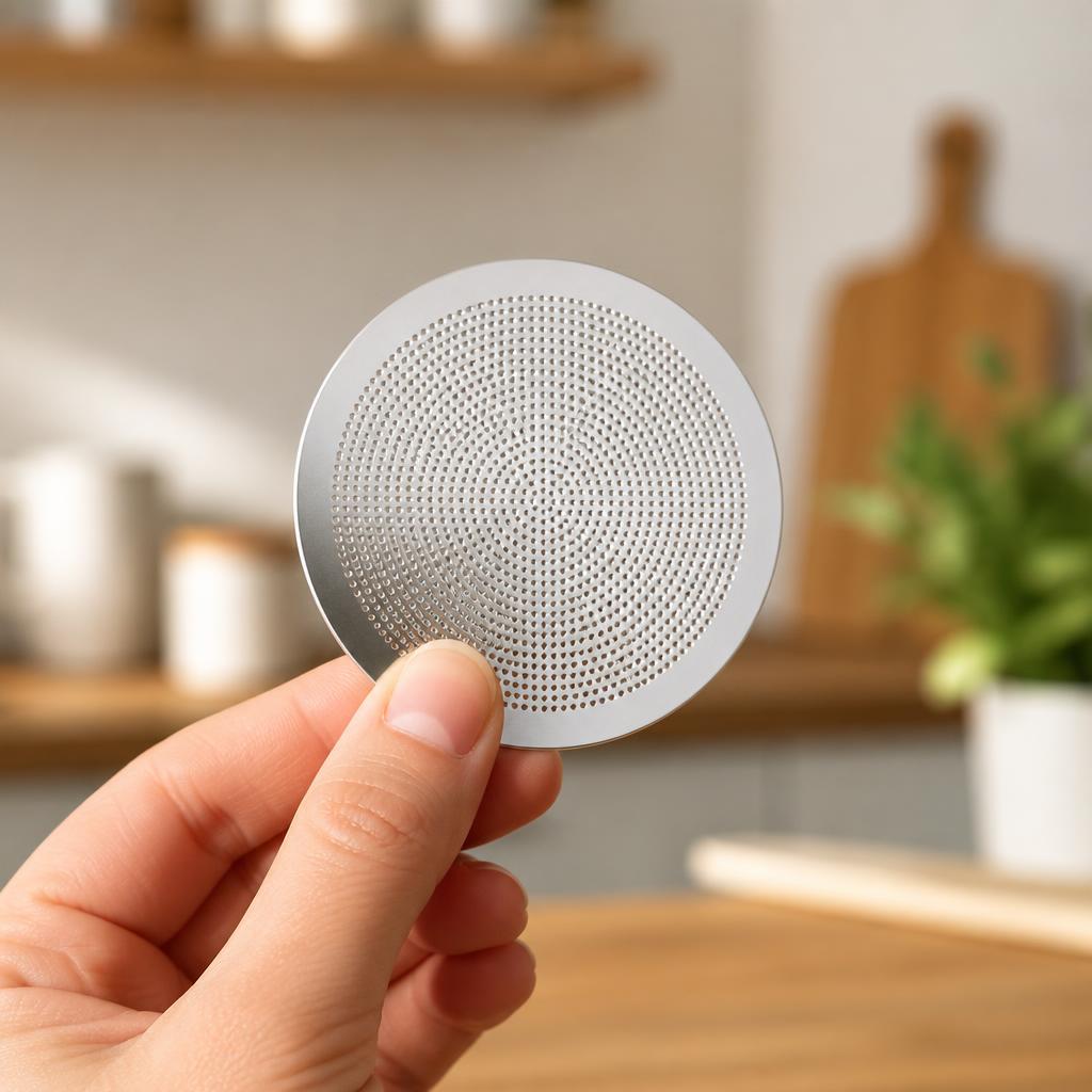 Compatify reusable metal filter disc compatible with AeroPress coffee makers, held in hand showing fine laser-cut holes